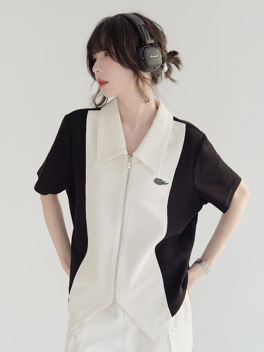 nu23 Stitching Contrast Color Short Sleeve Jacket 