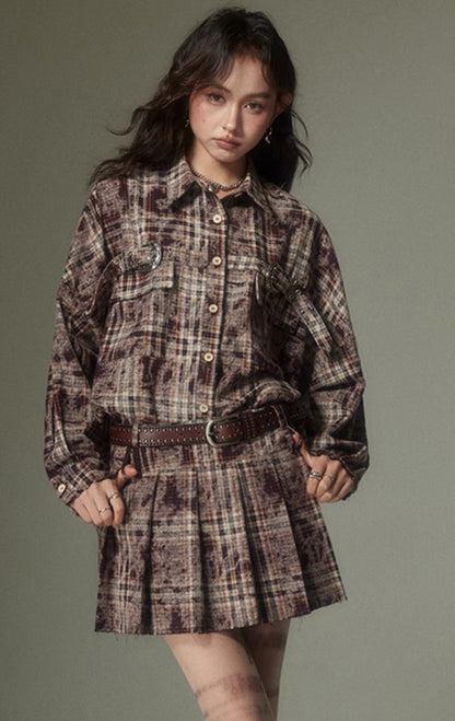 nu107 Maillard contrasting plaid shirt / Pleated skirt