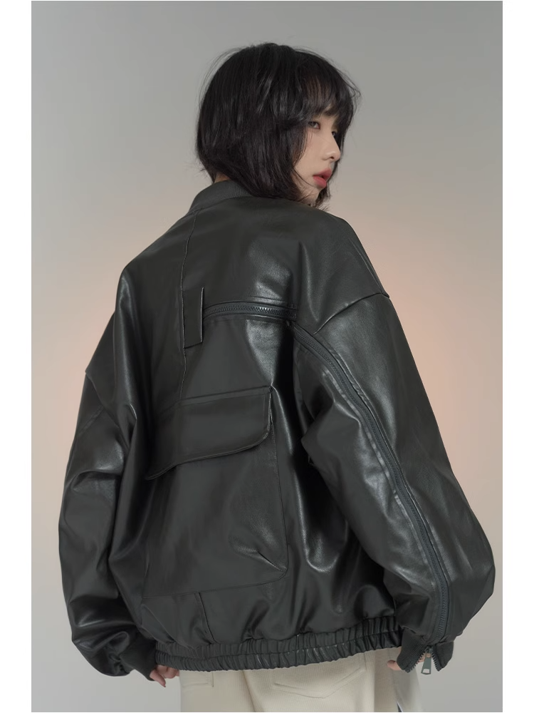 nu26 Baseball collar leather biker jacket 