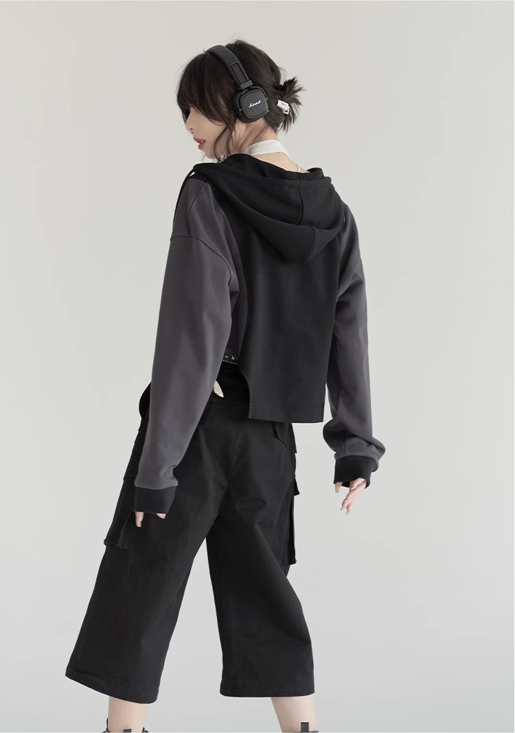 nu24 Patchwork Irregular Hem Line Hoodie 