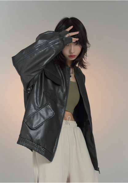 nu26 Baseball collar leather biker jacket 