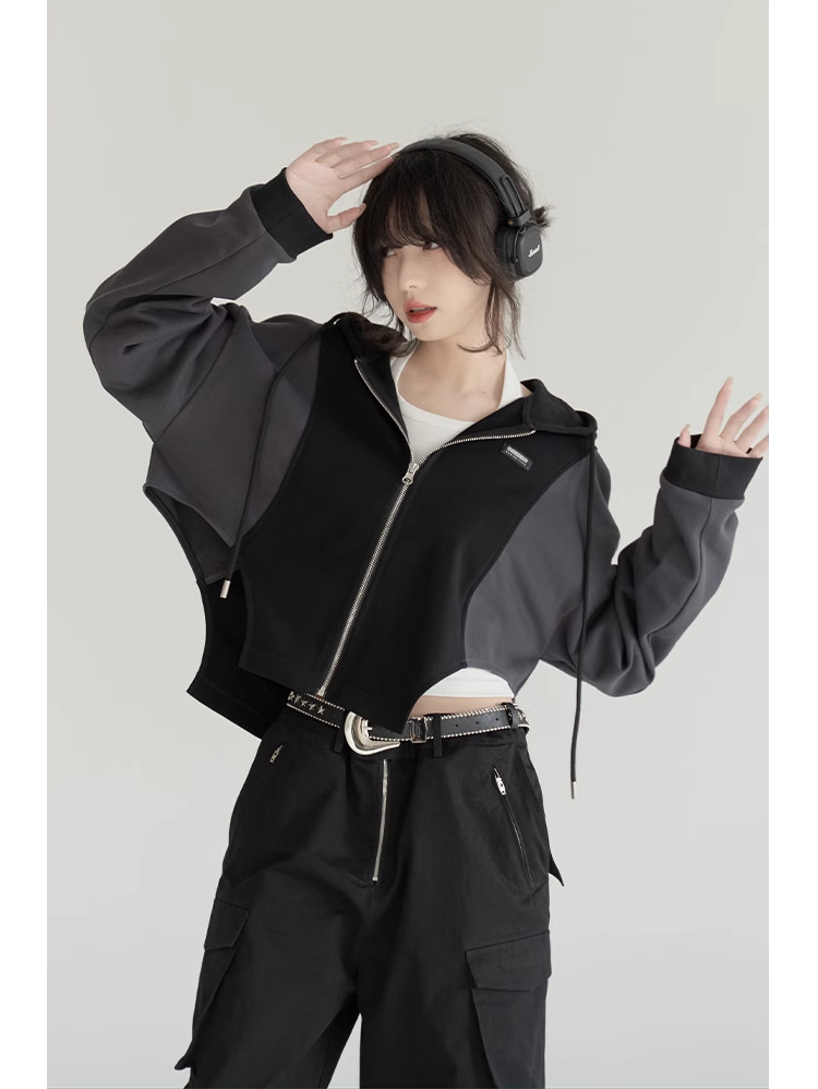 nu24 Patchwork Irregular Hem Line Hoodie 