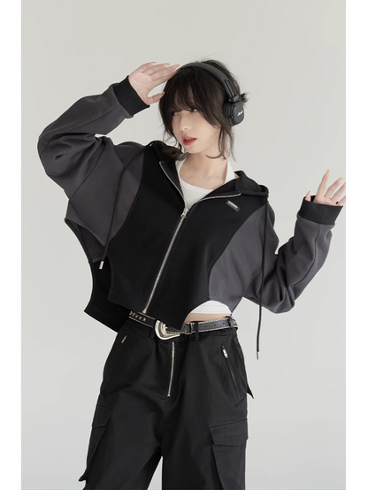 nu24 Patchwork Irregular Hem Line Hoodie 