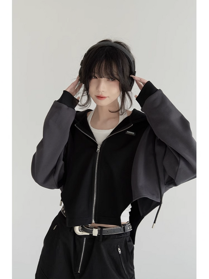 nu24 Patchwork Irregular Hem Line Hoodie 