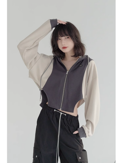 nu24 Patchwork Irregular Hem Line Hoodie 