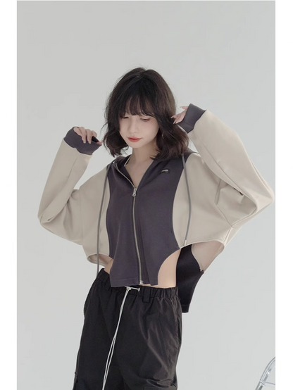 nu24 Patchwork Irregular Hem Line Hoodie 