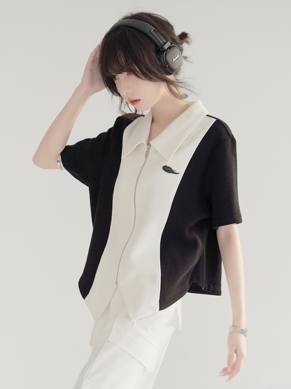 nu23 Stitching Contrast Color Short Sleeve Jacket 