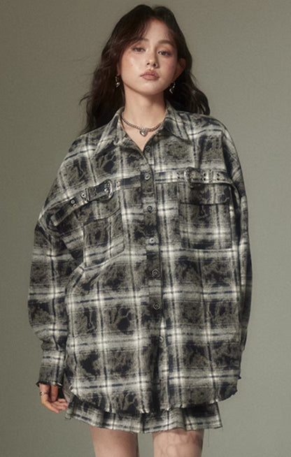 nu107 Maillard contrasting plaid shirt / Pleated skirt