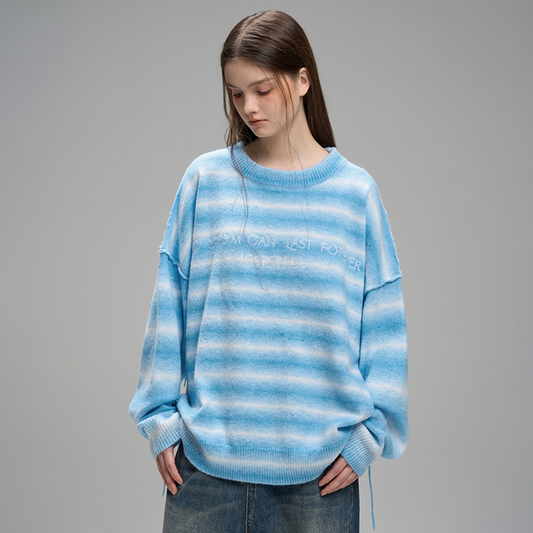 nu16 Blue Wave Loose round neck striped sweater