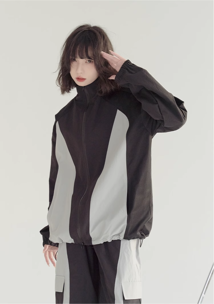 nu21 Patchwork contrasting stand collar jacket 