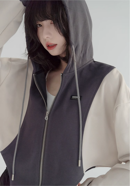 nu24 Patchwork Irregular Hem Line Hoodie 