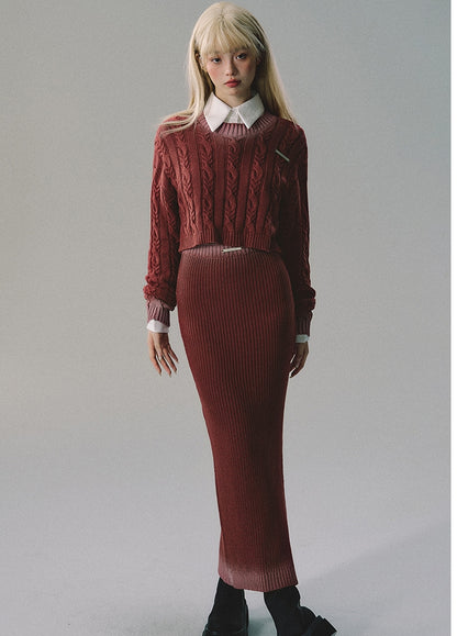 nu178 "The Color of Pomegranate" gradient thick sweater + long and short skirt