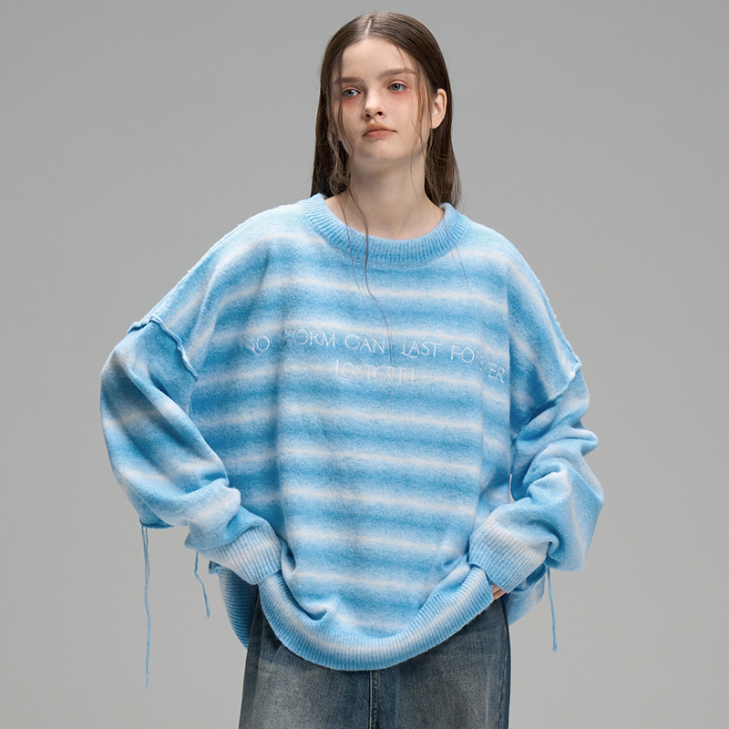 nu16 Blue Wave Loose round neck striped sweater