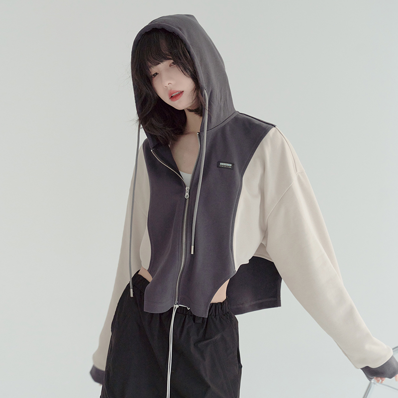 nu24 Patchwork Irregular Hem Line Hoodie 