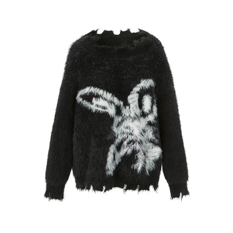 nu158 Off-shoulder torn edge rabbit sweater