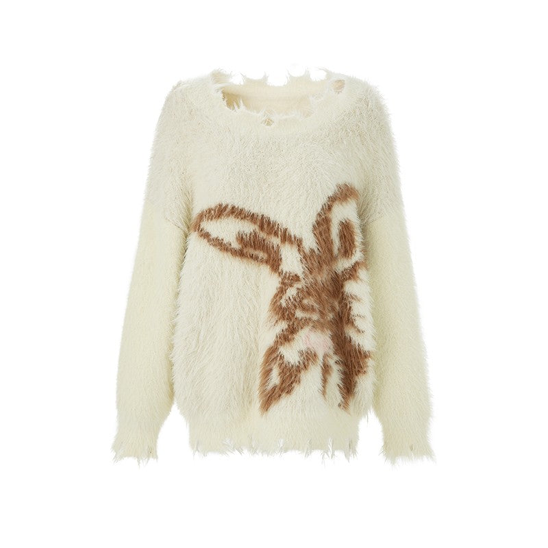 nu158 Off-shoulder torn edge rabbit sweater