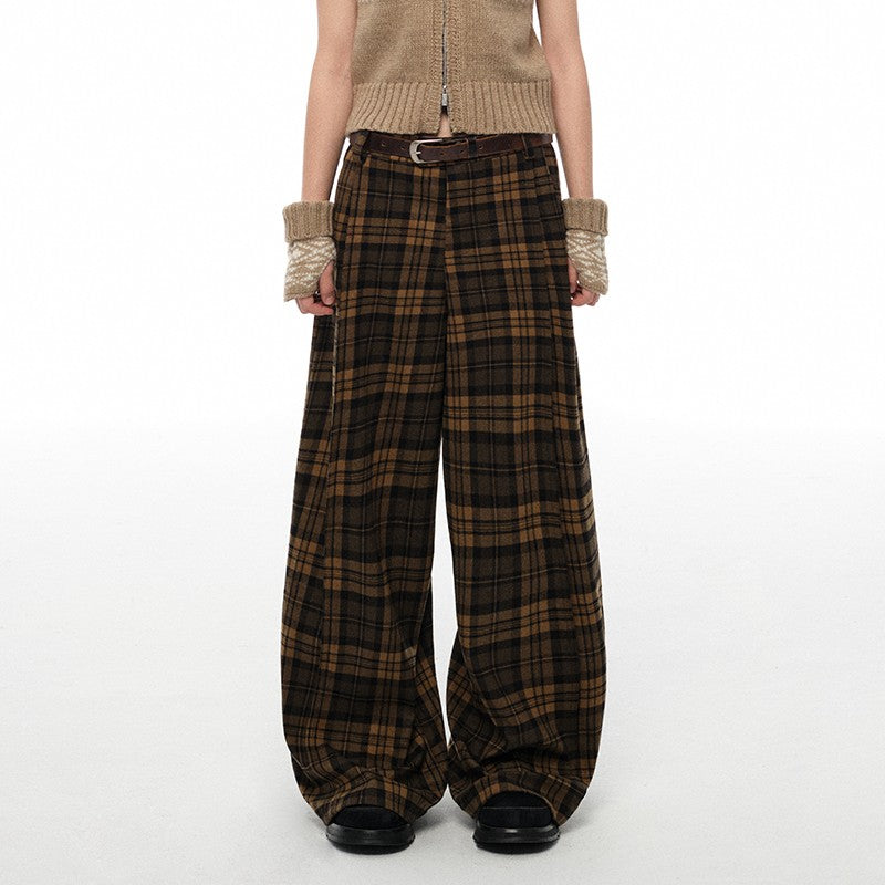 nu381 Plaid pleated wide-leg trousers brown