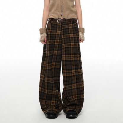 nu381 Plaid pleated wide-leg trousers brown