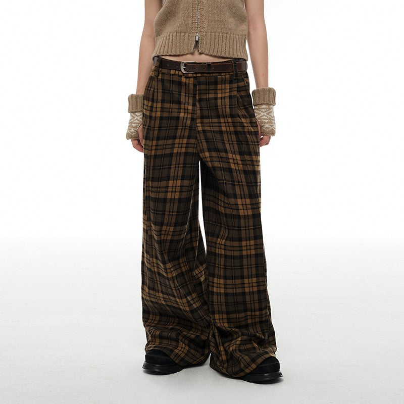 nu381 Plaid pleated wide-leg trousers brown