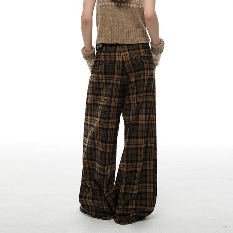 nu381 Plaid pleated wide-leg trousers brown