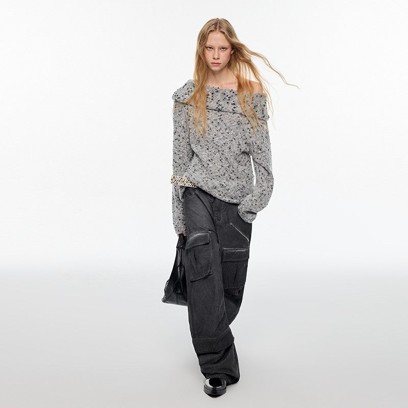 nu383 One-shoulder irregular mohair sweater