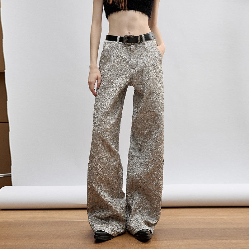 nu387 Silver pleated glossy wide pants