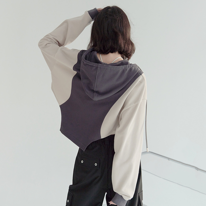 nu24 Patchwork Irregular Hem Line Hoodie 