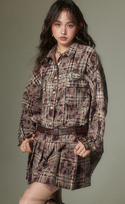 nu107 Maillard contrasting plaid shirt / Pleated skirt