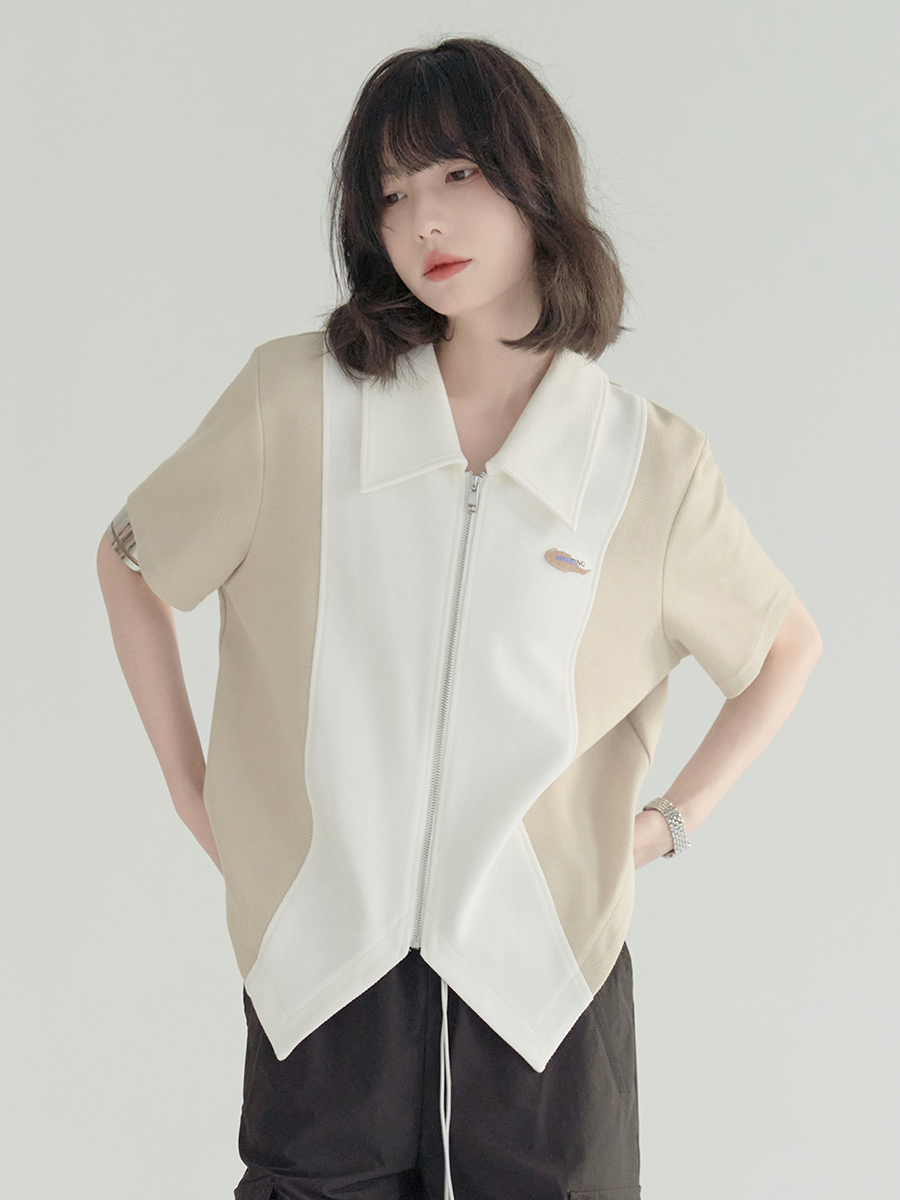 nu23 Stitching Contrast Color Short Sleeve Jacket 