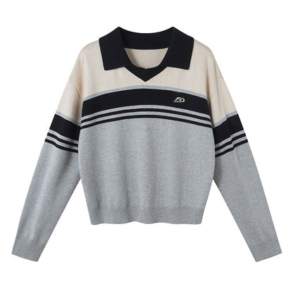 nu143 Polo collar retro striped sweater