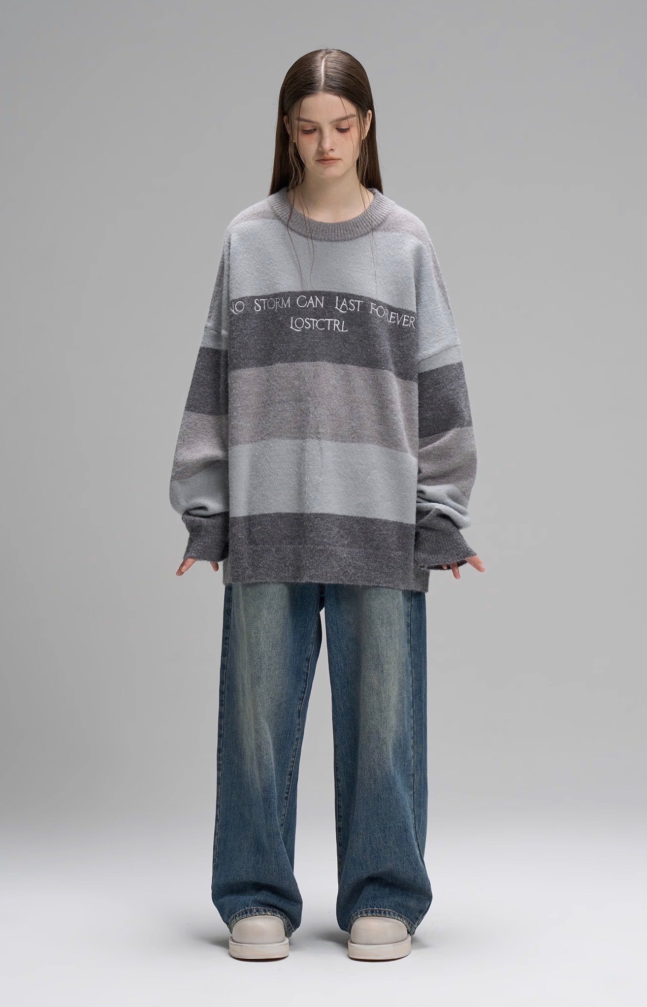 nu12 'Hayes' Grey Stripe Embroidered Crew Neck Sweater