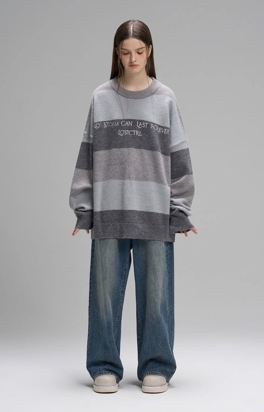 nu12 'Hayes' Gray Stripe Embroidered Crew Neck Sweater 