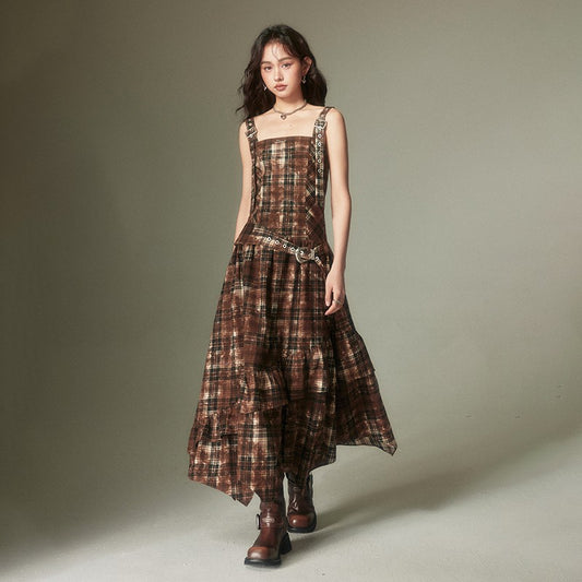 nu123 Maillard retro adjustable plaid dress