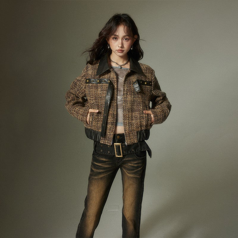 nu144 Brown plaid splicing leather jacket