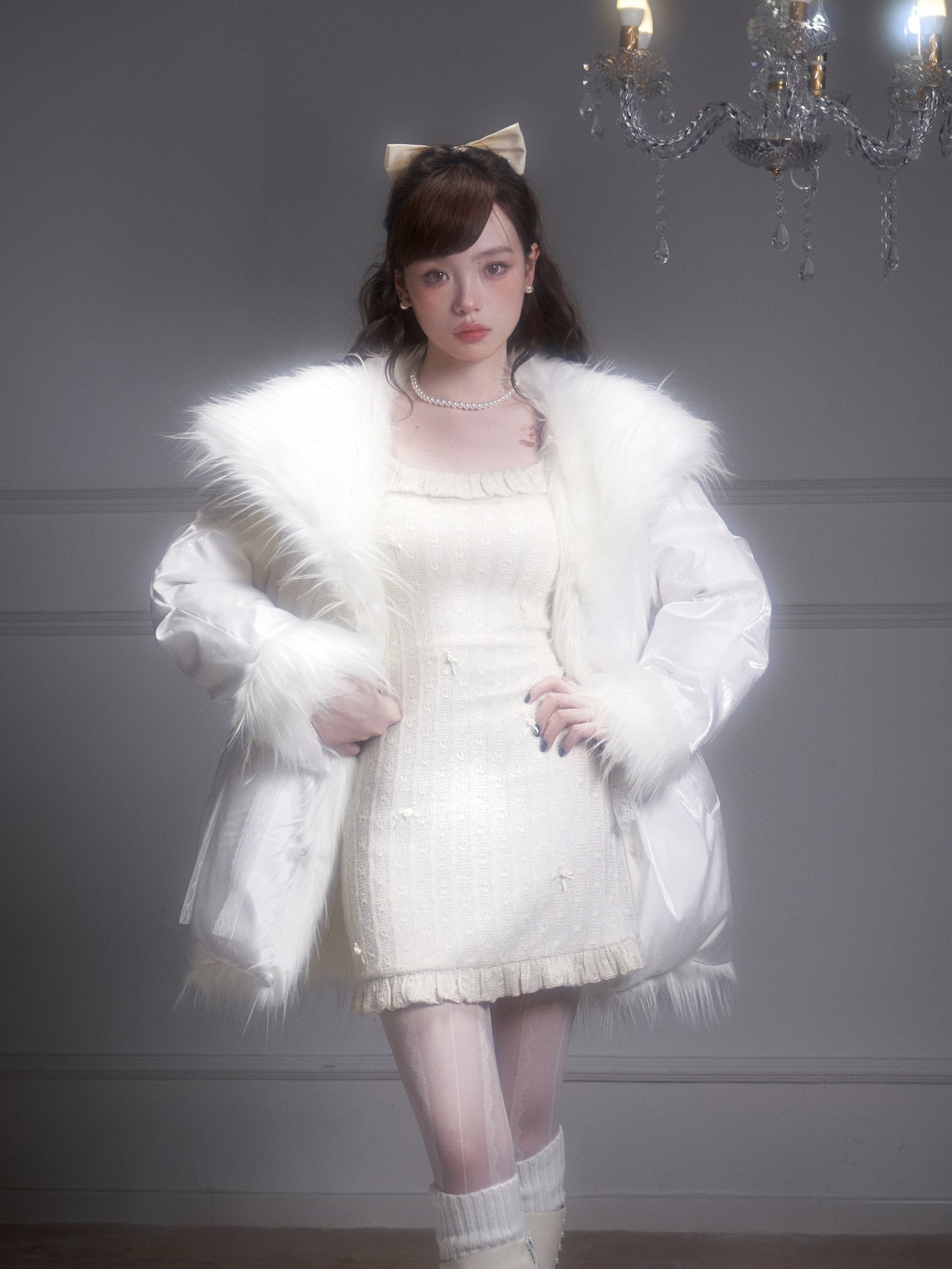 nu298 Silver white duck down reversible fur coat