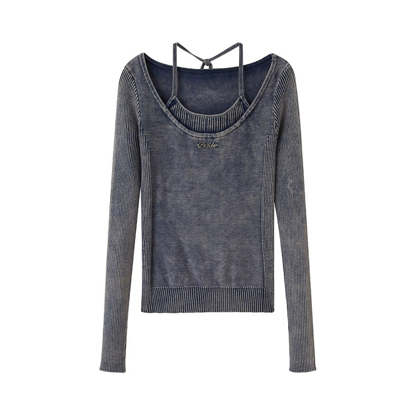 nu127 Fake two-piece halter neck washed sweater