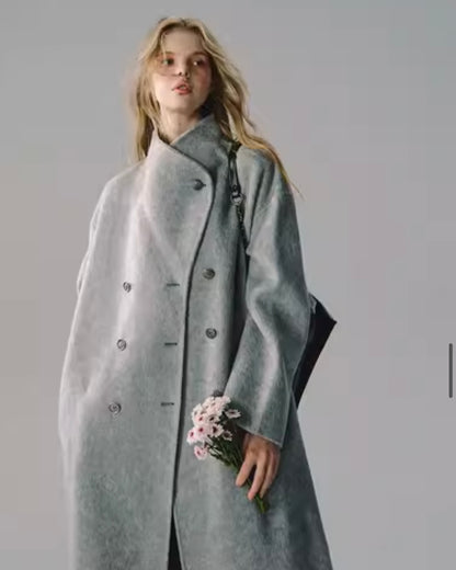 nu179 "Soft and tough" Moreland gray mulberry silk long wool coat