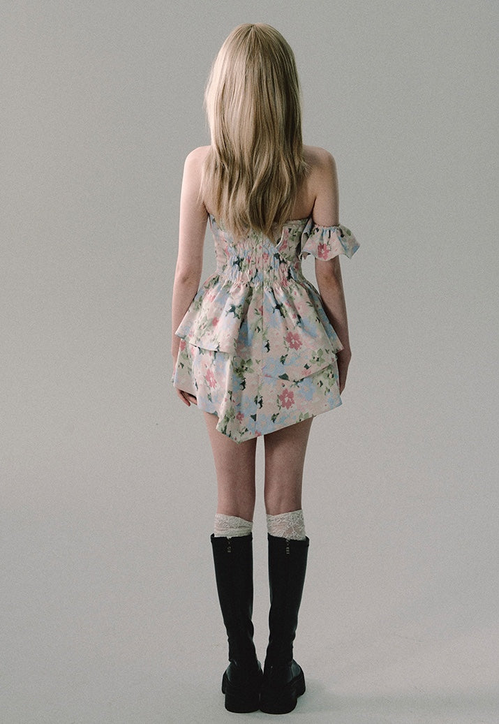 nu328 "If Flowers Weep" High-end Temperament Floral Short Dress