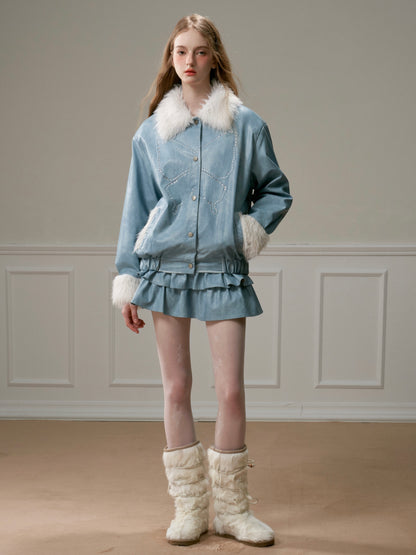 nu312 Retro Blue Butterfly Permed Fur Leather Jacket / Skirt