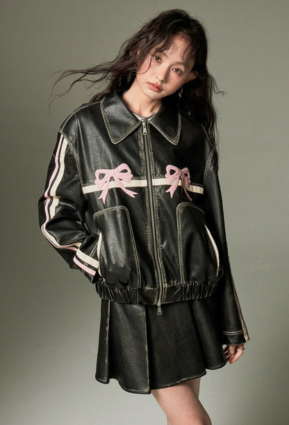 nu76 Bowknot Retro Leather Jacket