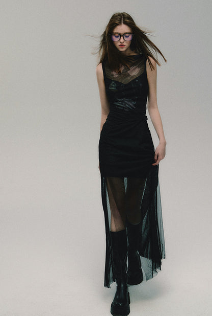 nu317 "Mo Lian" Black Elegant Mesh Slit Mid-Length Dress