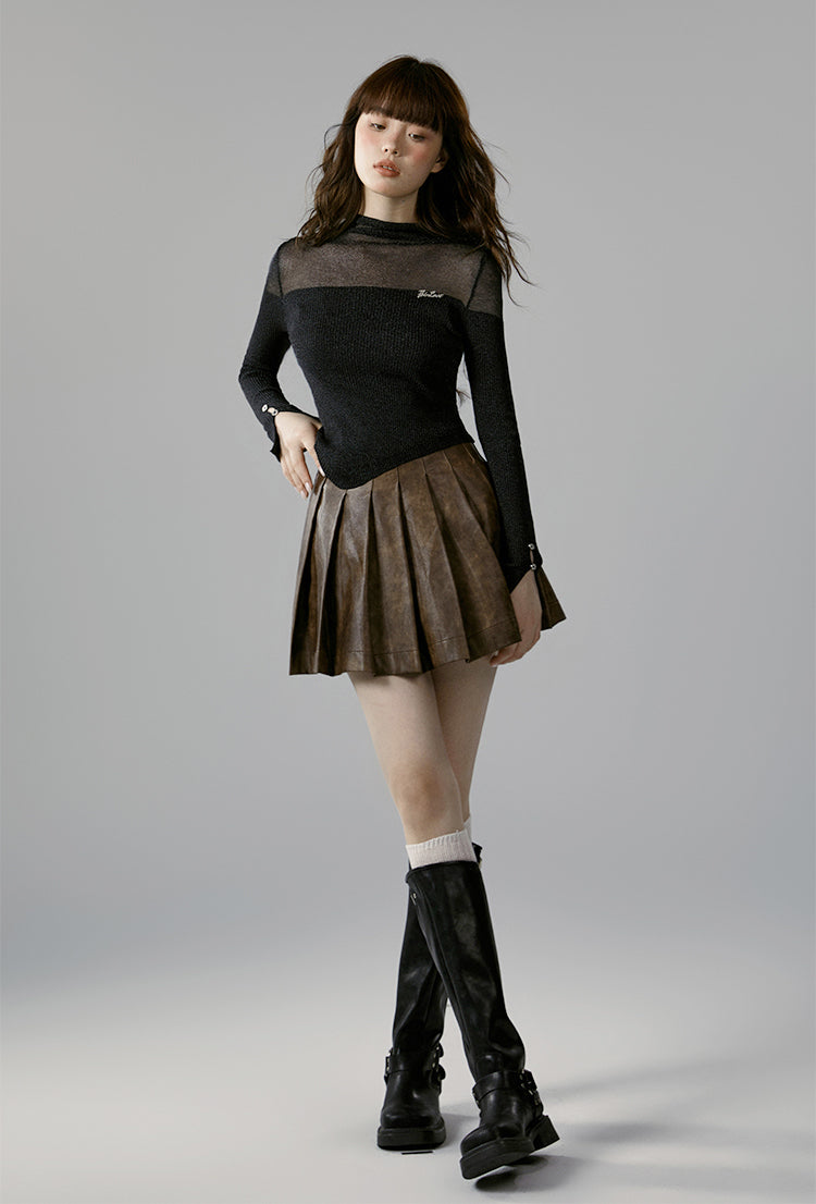 nu342 High waist coffee color PU pleated short skirt