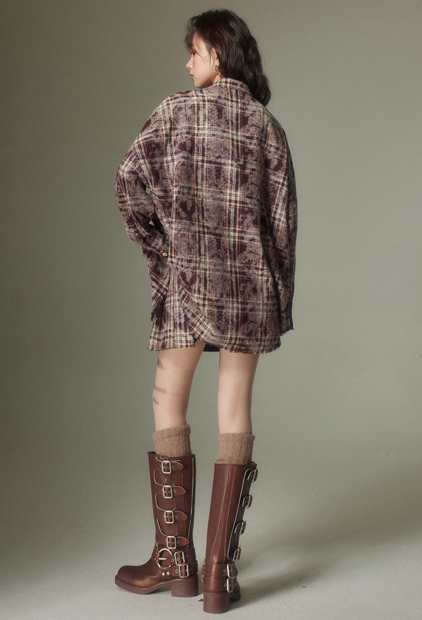 nu107 Maillard contrasting plaid shirt / Pleated skirt