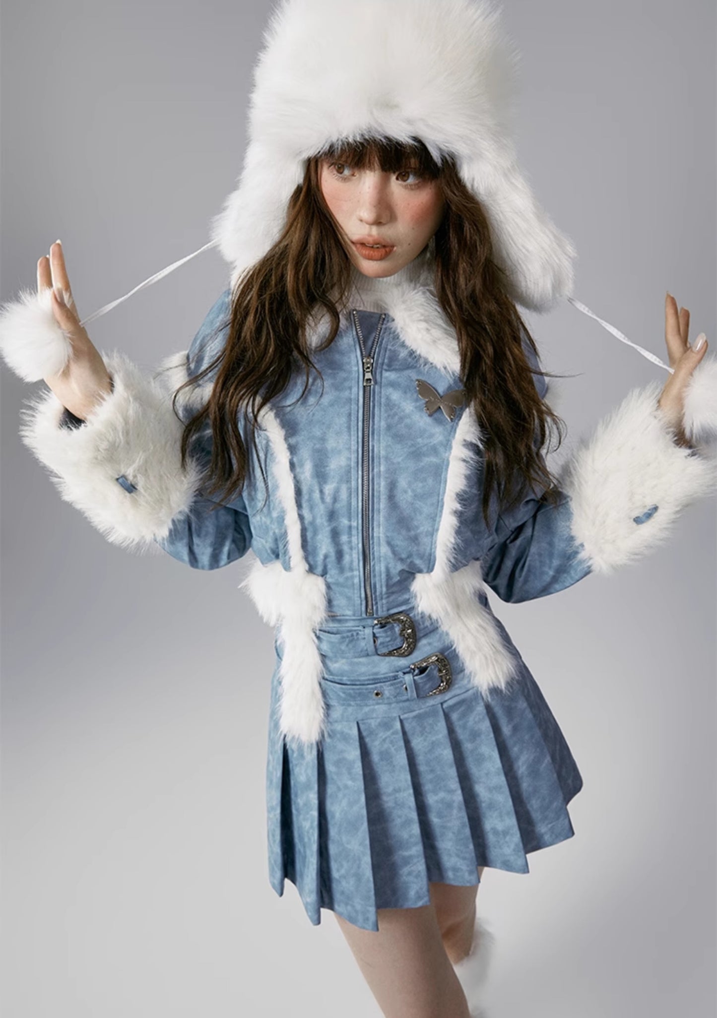 nu339 New style retro blue short coat + skirt two-piece set