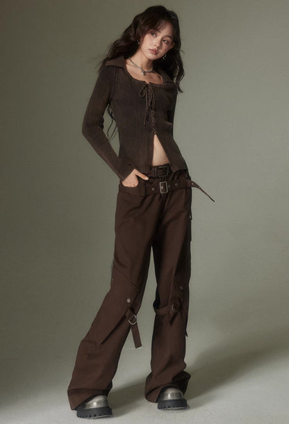 nu125 Double belt wide leg trousers