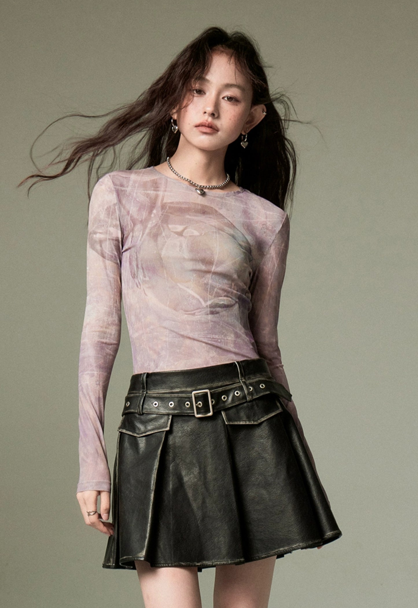 nu93 Pleated High-Waisted Leather Skirt