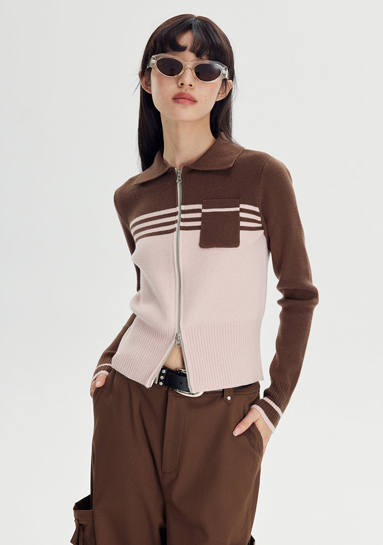 nu138 Contrasting color double zip sweater