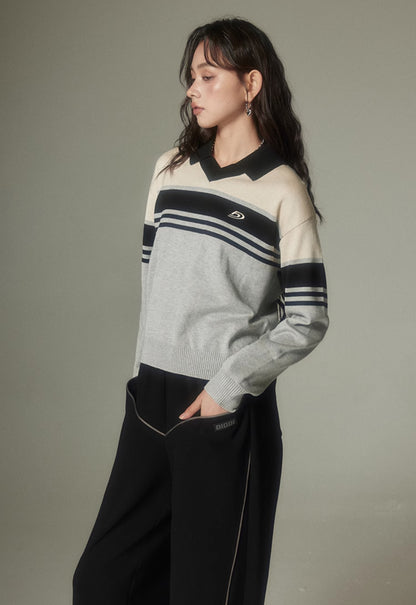 nu143 Polo collar retro striped sweater