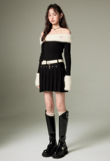 nu118 One-shoulder lapel sweater + double belt skirt