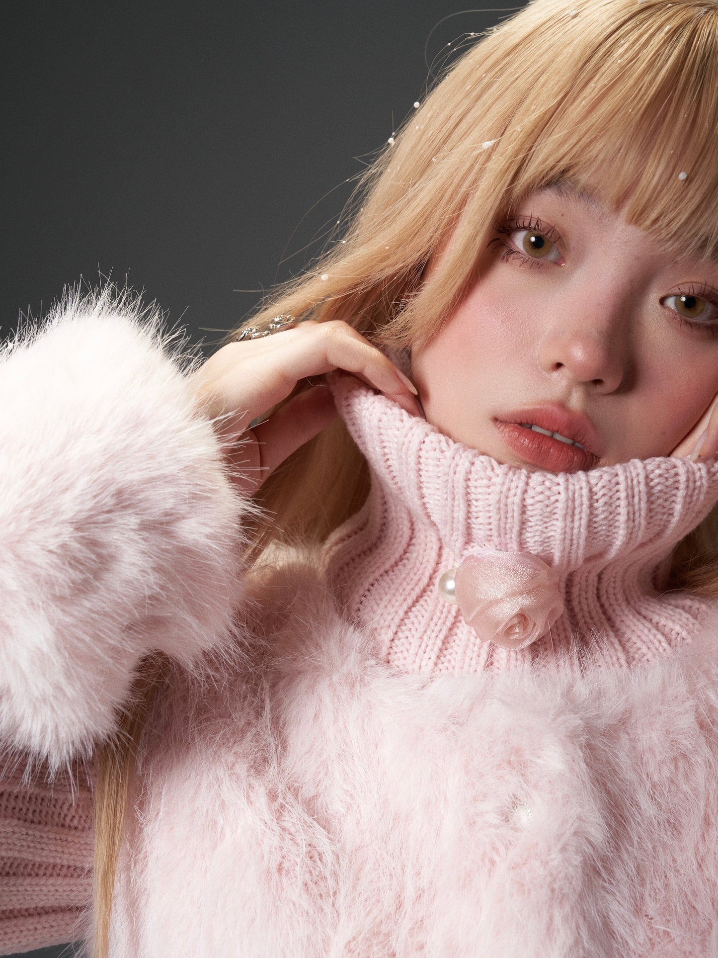 nu297 Pink knitted turtleneck detachable scarf fur vest jacket